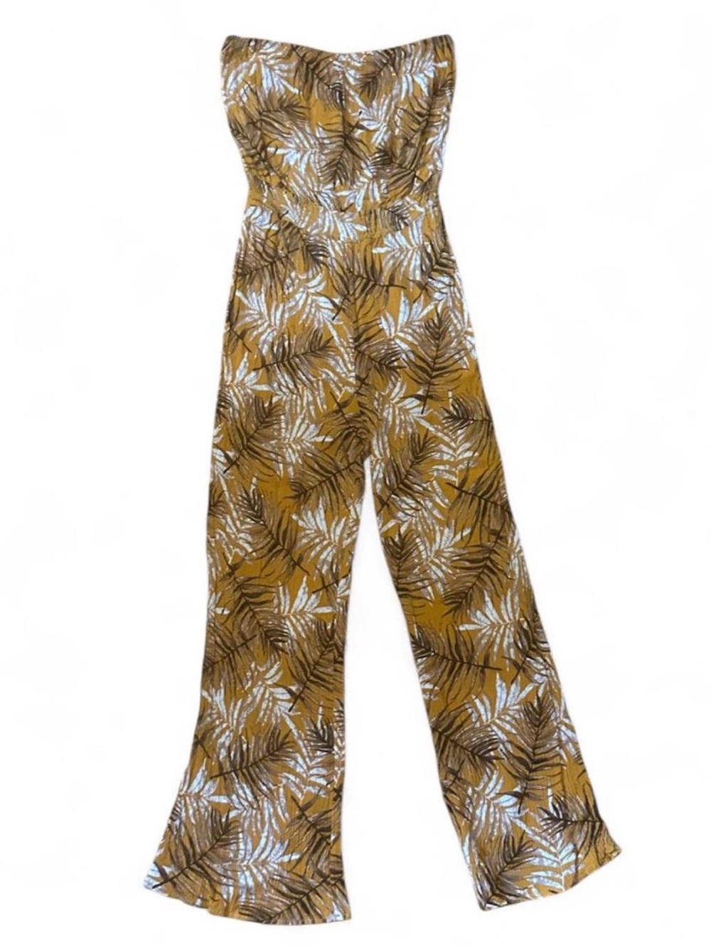 Strapless Wide-Leg Jumpsuit in Mustard Palm Print